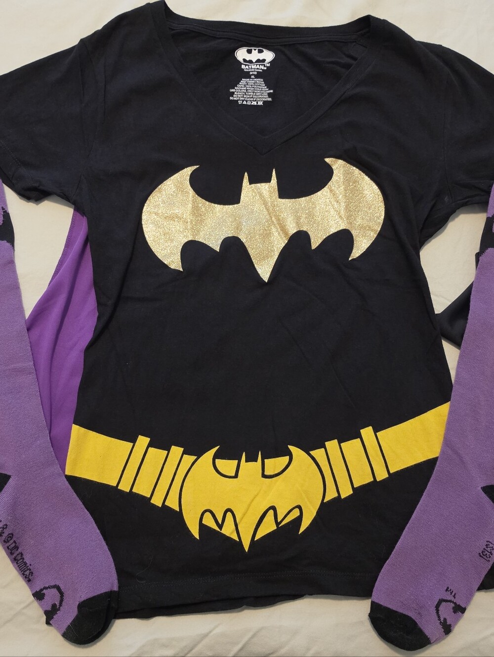 Batgirl Costume Shirt with Detachable Cape & Matching Socks, youth XL